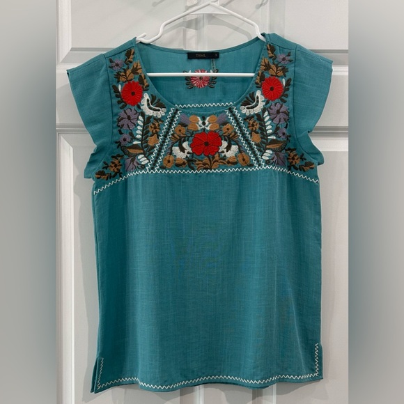THML Lightweight Floral Embroidered Blouse Size S Turquoise Heritage Boho Preppy - Picture 1 of 10